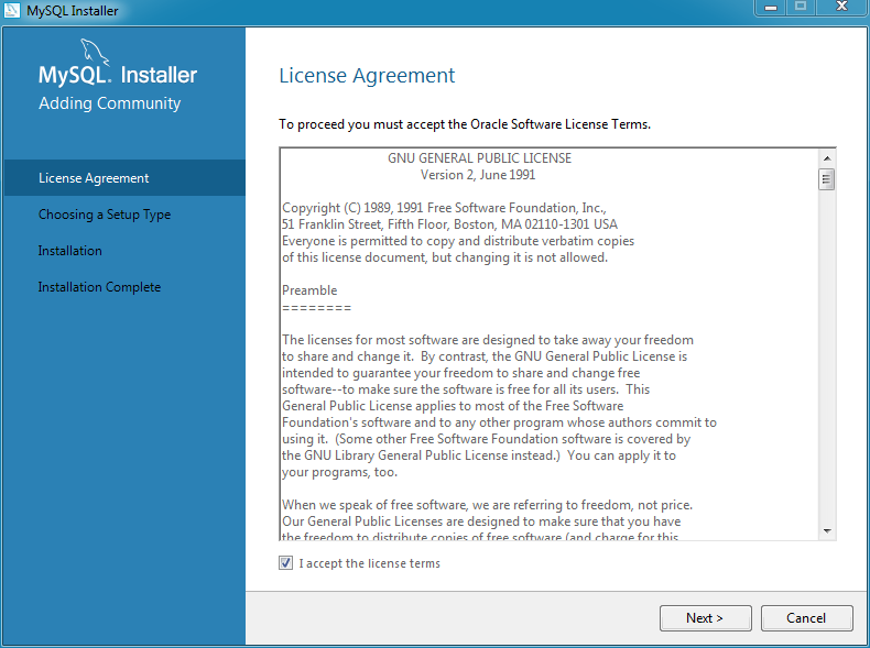 MySQL Installer - License Agreement
