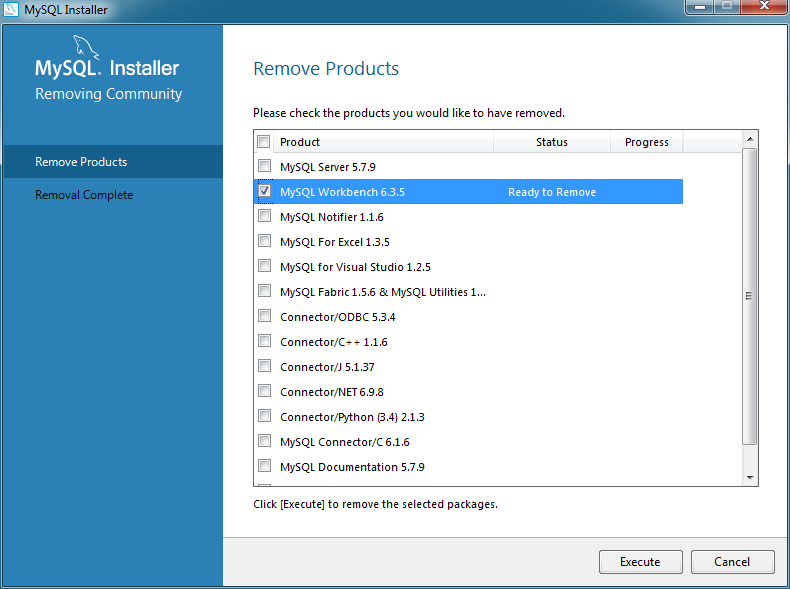 MySQL Installer - Removing Products: Select